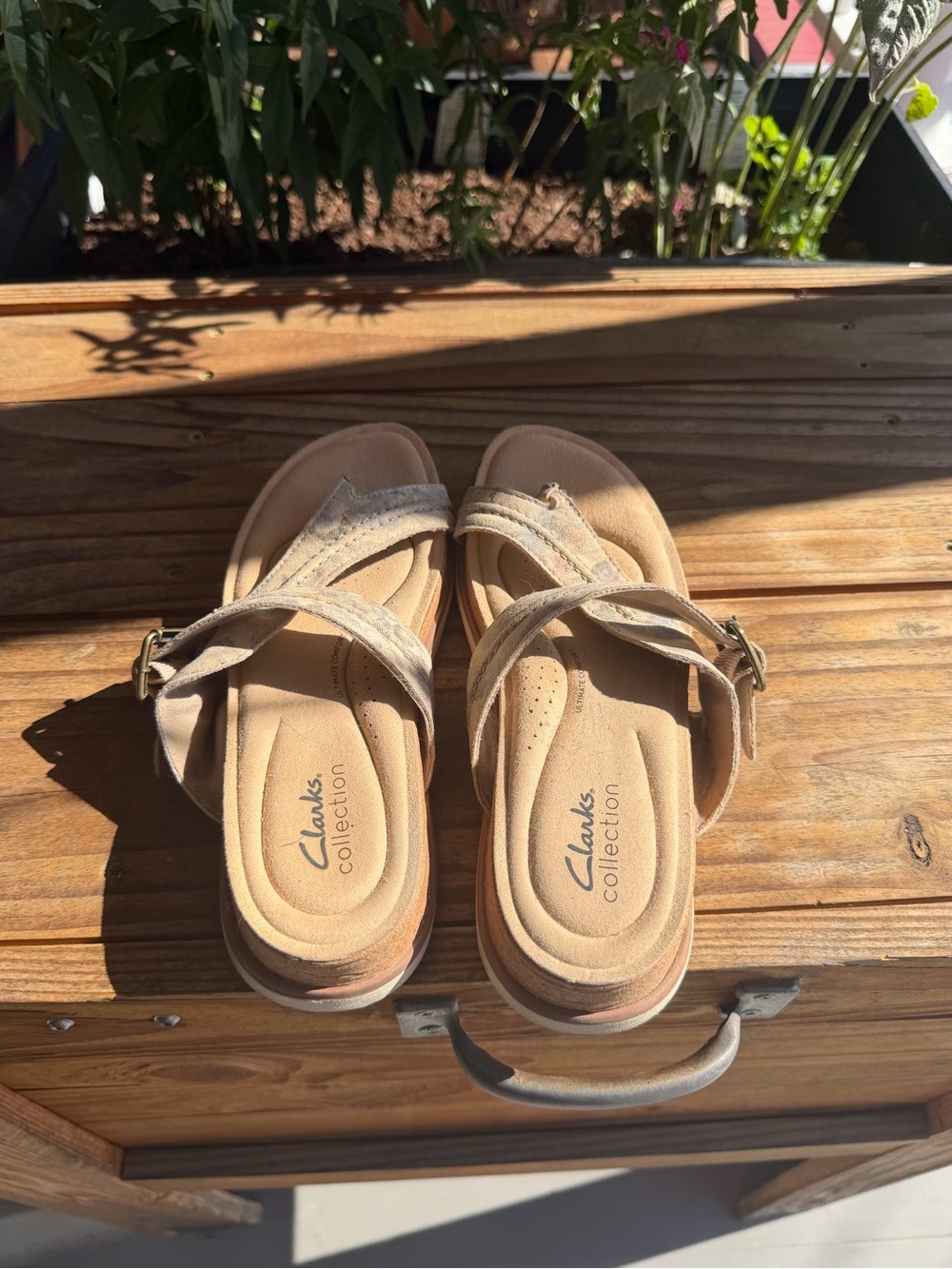 Clarks Collection Women's Tan Suede Slide Sandals with Buckle
